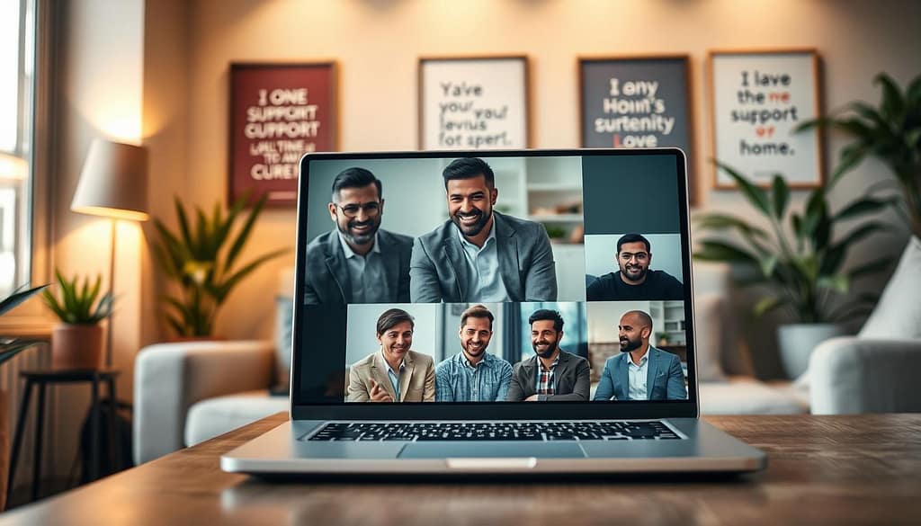A virtual support group meeting set in a cozy, modern home office environment. In the foreground, a laptop is positioned on a stylish desk, displaying a video call with diverse men of varying ethnicities, all dressed in neat business casual clothing. They appear engaged and supportive, sharing smiles and nodding in understanding. In the middle, a supportive atmosphere is enhanced by soft ambient lighting, with gentle golden hues illuminating the room. The background features calming decor, such as potted plants and framed motivational quotes, creating a sense of warmth and community. The overall mood is encouraging and respectful, highlighting the power of online peer support for men's mental health, symbolizing connection and strength through shared experiences. The angle is slightly elevated, capturing both the laptop screen and the inviting workspace. A virtual support group meeting set in a cozy, modern home office environment. In the foreground, a laptop is positioned on a stylish desk, displaying a video call with diverse men of varying ethnicities, all dressed in neat business casual clothing. They appear engaged and supportive, sharing smiles and nodding in understanding. In the middle, a supportive atmosphere is enhanced by soft ambient lighting, with gentle golden hues illuminating the room. The background features calming decor, such as potted plants and framed motivational quotes, creating a sense of warmth and community. The overall mood is encouraging and respectful, highlighting the power of online peer support for men's mental health, symbolizing connection and strength through shared experiences. The angle is slightly elevated, capturing both the laptop screen and the inviting workspace.