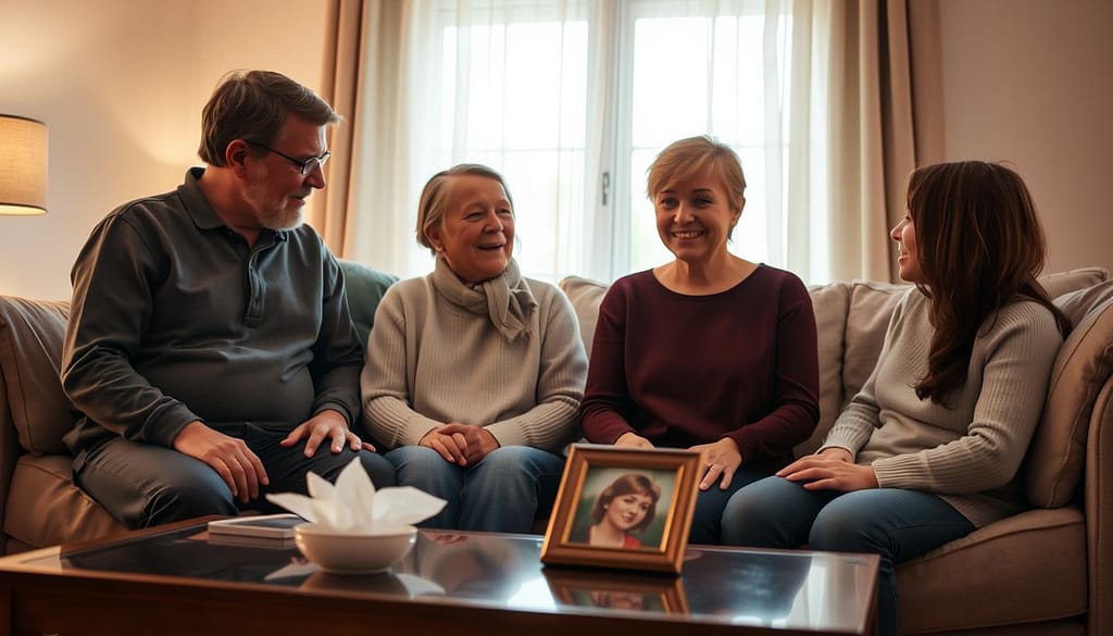 A warm and comforting scene depicting a family gathering in a cozy living room, with soft, ambient lighting creating a serene atmosphere. In the foreground, three family members—two adults and a teenager—are engaged in heartfelt conversation, their expressions reflecting empathy and support. The adults are dressed in modest casual clothing, while the teenager wears comfortable attire. In the middle ground, a coffee table is adorned with tissues and a framed photo of a loved one who has passed away, symbolizing their shared grief. The background features a softly lit window with sheer curtains, allowing gentle natural light to filter in, enhancing the mood of connection and solidarity. The overall composition conveys an essence of unity and understanding during a difficult time. A warm and comforting scene depicting a family gathering in a cozy living room, with soft, ambient lighting creating a serene atmosphere. In the foreground, three family members—two adults and a teenager—are engaged in heartfelt conversation, their expressions reflecting empathy and support. The adults are dressed in modest casual clothing, while the teenager wears comfortable attire. In the middle ground, a coffee table is adorned with tissues and a framed photo of a loved one who has passed away, symbolizing their shared grief. The background features a softly lit window with sheer curtains, allowing gentle natural light to filter in, enhancing the mood of connection and solidarity. The overall composition conveys an essence of unity and understanding during a difficult time.