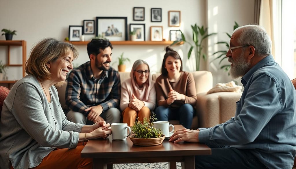 A warm and inviting scene depicting a diverse family gathered in a cozy living room, engaged in supportive conversations around a coffee table. In the foreground, a middle-aged caregiver in professional casual attire shares a smile with a supportive adult child, while an elderly family member listens attentively. The middle space features a small group, including a teenager, offering encouragement with thoughtful expressions. The background reveals a well-lit room adorned with family photographs and plants, enhancing the sense of connection. Soft, natural light streams in through a window, casting gentle shadows and creating a serene atmosphere. The overall mood is one of compassion and support, illustrating the importance of family involvement in caregiver wellbeing. A warm and inviting scene depicting a diverse family gathered in a cozy living room, engaged in supportive conversations around a coffee table. In the foreground, a middle-aged caregiver in professional casual attire shares a smile with a supportive adult child, while an elderly family member listens attentively. The middle space features a small group, including a teenager, offering encouragement with thoughtful expressions. The background reveals a well-lit room adorned with family photographs and plants, enhancing the sense of connection. Soft, natural light streams in through a window, casting gentle shadows and creating a serene atmosphere. The overall mood is one of compassion and support, illustrating the importance of family involvement in caregiver wellbeing.