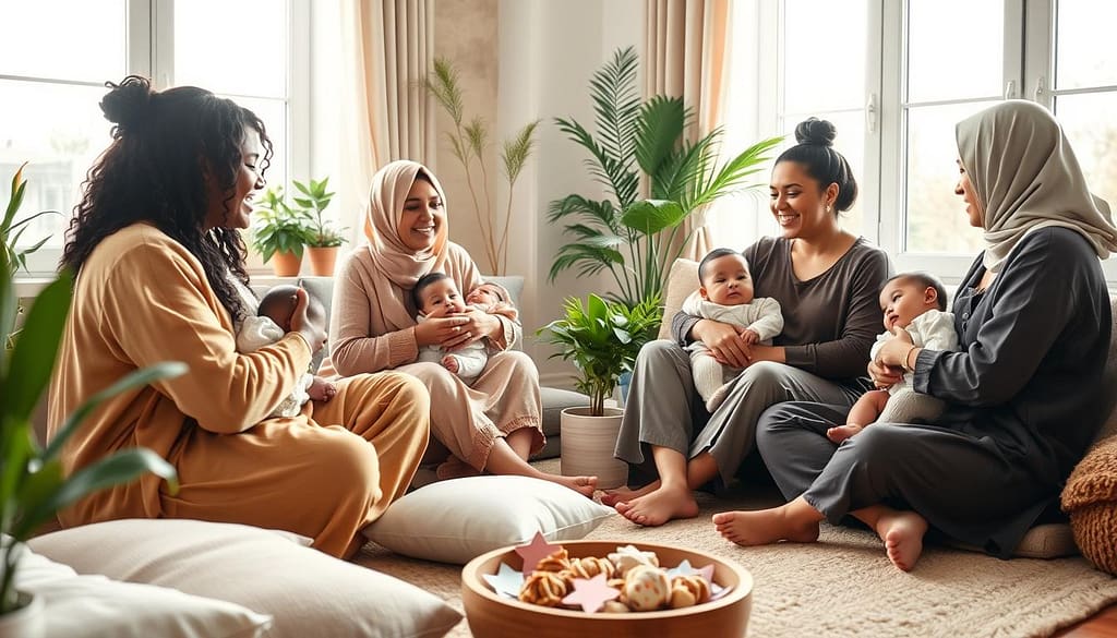 A warm and inviting scene depicting a diverse group of women gathered in a cozy, sunlit room, fostering a supportive motherhood circle. In the foreground, three mothers of different ethnicities, dressed in modest casual clothing, are seated in a comfortable circle, engaged in a heartfelt discussion while holding infants and toddlers. The middle ground features soft cushions and plants, creating a nurturing atmosphere, with handmade crafts and a snack table, enhancing the sense of community. In the background, large windows allow natural light to illuminate the space, casting a gentle glow over the gathering. The mood is serene and empowering, conveying connection, care, and understanding in the journey of motherhood. The angle captures the intimate exchange between the women, emphasizing their smiles and camaraderie, inviting viewers into their supportive world. A warm and inviting scene depicting a diverse group of women gathered in a cozy, sunlit room, fostering a supportive motherhood circle. In the foreground, three mothers of different ethnicities, dressed in modest casual clothing, are seated in a comfortable circle, engaged in a heartfelt discussion while holding infants and toddlers. The middle ground features soft cushions and plants, creating a nurturing atmosphere, with handmade crafts and a snack table, enhancing the sense of community. In the background, large windows allow natural light to illuminate the space, casting a gentle glow over the gathering. The mood is serene and empowering, conveying connection, care, and understanding in the journey of motherhood. The angle captures the intimate exchange between the women, emphasizing their smiles and camaraderie, inviting viewers into their supportive world.