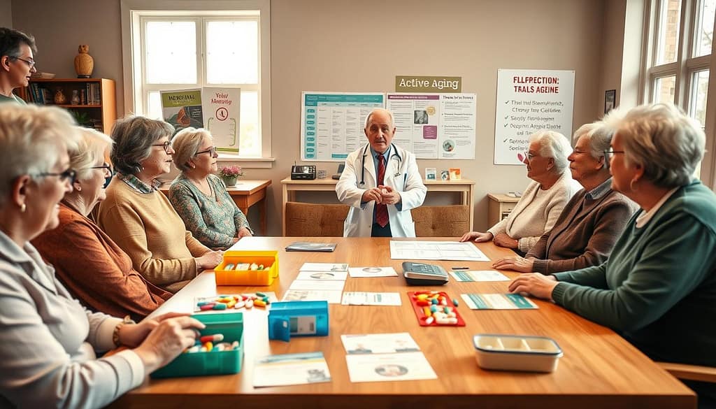 A serene and informative scene illustrating falls prevention through medication management. In the foreground, a diverse group of older adults, dressed in modest casual clothing, are engaged in a discussion around a large wooden table filled with colorful pill organizers and informational brochures. In the middle ground, a healthcare professional, in professional attire, gestures towards a chart displaying medication schedules and safety tips. The background features a well-lit cozy community center, with warm lighting streaming through large windows, highlighting motivational posters about active aging. The atmosphere is supportive and educational, fostering a sense of community and empowerment among the participants. The image should have a soft focus to convey a warm and inviting mood, enhancing the theme of safety and well-being. A serene and informative scene illustrating falls prevention through medication management. In the foreground, a diverse group of older adults, dressed in modest casual clothing, are engaged in a discussion around a large wooden table filled with colorful pill organizers and informational brochures. In the middle ground, a healthcare professional, in professional attire, gestures towards a chart displaying medication schedules and safety tips. The background features a well-lit cozy community center, with warm lighting streaming through large windows, highlighting motivational posters about active aging. The atmosphere is supportive and educational, fostering a sense of community and empowerment among the participants. The image should have a soft focus to convey a warm and inviting mood, enhancing the theme of safety and well-being.