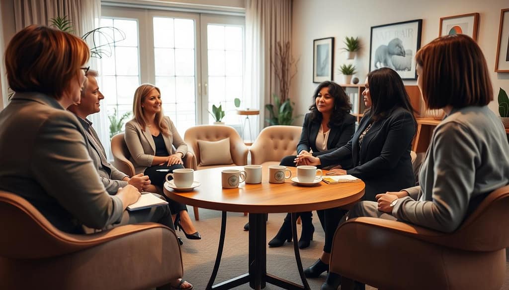 A serene and inviting support group meeting setting, featuring a diverse group of participants engaged in a discussion. Foreground: a round table with a warm, wooden finish, where individuals are exchanging ideas and listening actively; they are dressed in professional business attire and modest casual clothing. Middle ground: a cozy circle of chairs arranged to foster connection, with a few notebooks and mugs of steaming tea placed on the table. Background: a softly lit room with large windows allowing natural light to filter through, adorned with plants and calming artwork. The atmosphere is supportive and encouraging, conveying a sense of safety and community, with warm lighting to enhance the inviting feel. The angle captures the visual interaction among participants, emphasizing their openness in sharing personal experiences. A serene and inviting support group meeting setting, featuring a diverse group of participants engaged in a discussion. Foreground: a round table with a warm, wooden finish, where individuals are exchanging ideas and listening actively; they are dressed in professional business attire and modest casual clothing. Middle ground: a cozy circle of chairs arranged to foster connection, with a few notebooks and mugs of steaming tea placed on the table. Background: a softly lit room with large windows allowing natural light to filter through, adorned with plants and calming artwork. The atmosphere is supportive and encouraging, conveying a sense of safety and community, with warm lighting to enhance the inviting feel. The angle captures the visual interaction among participants, emphasizing their openness in sharing personal experiences.