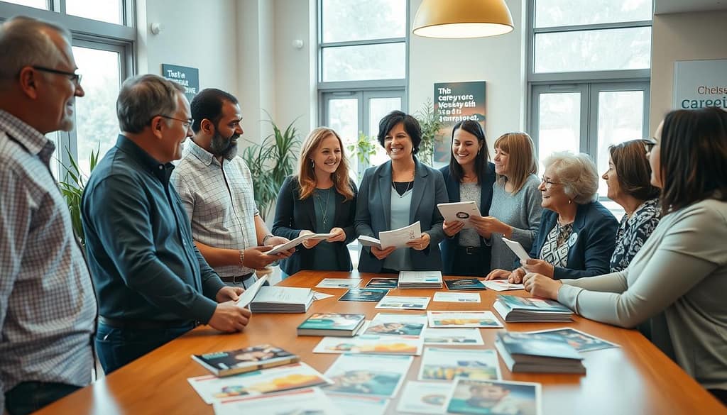A serene community center setting with a group of diverse volunteers, men and women of various ages, engaged in a supportive discussion around a table. The foreground features a warm, inviting table scattered with resource materials about caregiving. In the middle, the volunteers are depicted in professional casual attire, smiling and collaborating while holding brochures and tablets. The background shows soft, natural lighting filtering through large windows, with plants and motivational posters enhancing the atmosphere of community support. The overall mood is uplifting, conveying a sense of camaraderie, partnership, and the spirit of giving back. A wide-angle perspective captures the dynamic interaction and openness of the space, highlighting both the individuals and their sense of purpose in supporting caregivers. A serene community center setting with a group of diverse volunteers, men and women of various ages, engaged in a supportive discussion around a table. The foreground features a warm, inviting table scattered with resource materials about caregiving. In the middle, the volunteers are depicted in professional casual attire, smiling and collaborating while holding brochures and tablets. The background shows soft, natural lighting filtering through large windows, with plants and motivational posters enhancing the atmosphere of community support. The overall mood is uplifting, conveying a sense of camaraderie, partnership, and the spirit of giving back. A wide-angle perspective captures the dynamic interaction and openness of the space, highlighting both the individuals and their sense of purpose in supporting caregivers.