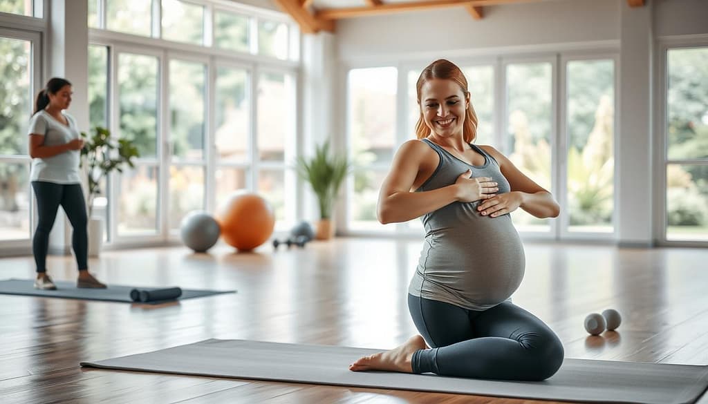 A serene indoor fitness studio filled with natural light, featuring a pregnant woman wearing comfortable, modest athletic clothing. She is demonstrating a gentle pelvic floor exercise on a yoga mat, with a focus on her calm expression and correct posture. In the foreground, a soft yoga mat and light exercise props like a stability ball and small weights are visible. The middle ground shows an instructor in professional attire offering guidance, emphasizing a supportive atmosphere. In the background, large windows reveal a peaceful garden setting. The overall mood is nurturing and empowering, showcasing safe prenatal fitness and pelvic floor health in a welcoming environment. The lighting is bright yet soft, enhancing the tranquility of the space. A serene indoor fitness studio filled with natural light, featuring a pregnant woman wearing comfortable, modest athletic clothing. She is demonstrating a gentle pelvic floor exercise on a yoga mat, with a focus on her calm expression and correct posture. In the foreground, a soft yoga mat and light exercise props like a stability ball and small weights are visible. The middle ground shows an instructor in professional attire offering guidance, emphasizing a supportive atmosphere. In the background, large windows reveal a peaceful garden setting. The overall mood is nurturing and empowering, showcasing safe prenatal fitness and pelvic floor health in a welcoming environment. The lighting is bright yet soft, enhancing the tranquility of the space.