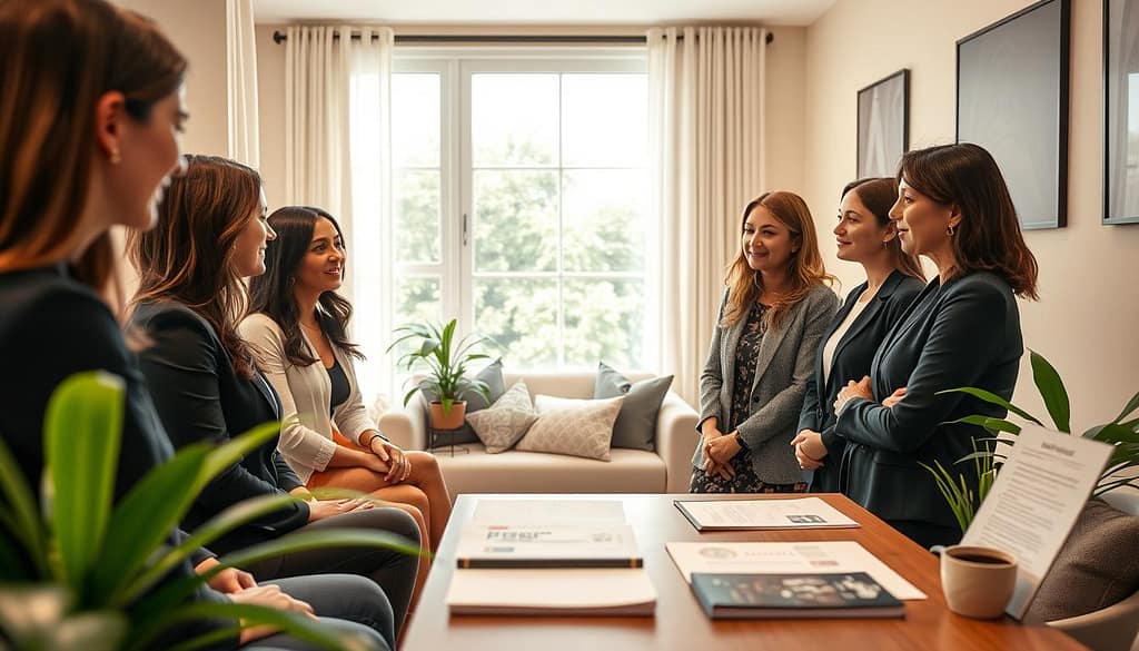 A serene, inviting healthcare setting focused on postpartum mental health screening. In the foreground, a diverse group of women in professional business attire, engaged in a supportive discussion, each displaying empathy and understanding. Their expressions convey compassion and attentiveness. The middle ground features a cozy, well-lit consultation area with comfortable seating, soft pillows, and plants, enhancing a sense of warmth and safety. In the background, a large window allows gentle, natural light to stream in, illuminating calming colors on the walls. A table with mental health resources, pamphlets, and screening tools is neatly arranged, inviting exploration. The atmosphere is uplifting and reassuring, promoting a feeling of community and support for new mothers. A serene, inviting healthcare setting focused on postpartum mental health screening. In the foreground, a diverse group of women in professional business attire, engaged in a supportive discussion, each displaying empathy and understanding. Their expressions convey compassion and attentiveness. The middle ground features a cozy, well-lit consultation area with comfortable seating, soft pillows, and plants, enhancing a sense of warmth and safety. In the background, a large window allows gentle, natural light to stream in, illuminating calming colors on the walls. A table with mental health resources, pamphlets, and screening tools is neatly arranged, inviting exploration. The atmosphere is uplifting and reassuring, promoting a feeling of community and support for new mothers.