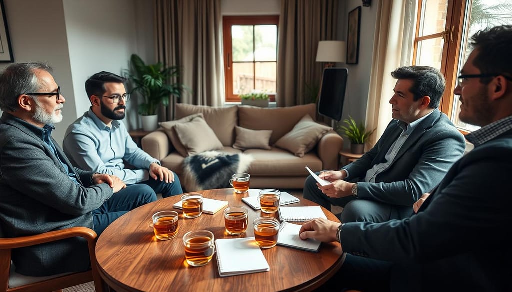 A small group of four men seated in a cozy, well-lit room, engaged in a discussion about stress and sleep. The men, dressed in smart casual attire, are diverse in ethnicity, with focused expressions as they share their thoughts. In the foreground, a round wooden table is scattered with notebooks and steaming cups of herbal tea, evoking a relaxed atmosphere. The middle background features a comfortable sofa and a few plants, adding warmth to the scene. Soft, natural lighting filters in through a window, casting gentle shadows. The overall mood is supportive and engaging, reflecting a sense of openness and camaraderie. The angle captures both the participants' expressions and the inviting surroundings, emphasizing the importance of mental well-being in the conversation. A small group of four men seated in a cozy, well-lit room, engaged in a discussion about stress and sleep. The men, dressed in smart casual attire, are diverse in ethnicity, with focused expressions as they share their thoughts. In the foreground, a round wooden table is scattered with notebooks and steaming cups of herbal tea, evoking a relaxed atmosphere. The middle background features a comfortable sofa and a few plants, adding warmth to the scene. Soft, natural lighting filters in through a window, casting gentle shadows. The overall mood is supportive and engaging, reflecting a sense of openness and camaraderie. The angle captures both the participants' expressions and the inviting surroundings, emphasizing the importance of mental well-being in the conversation.