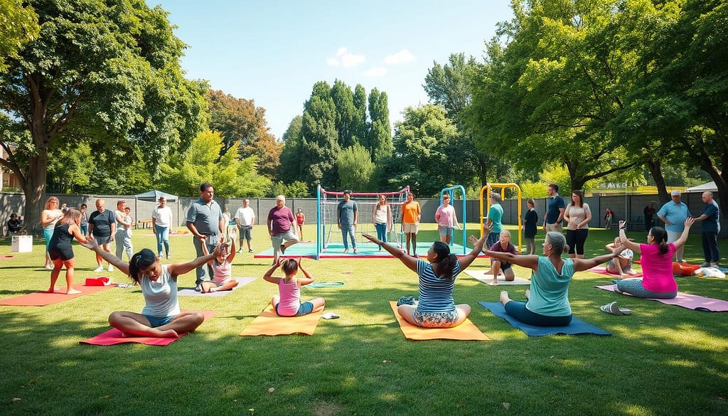 A vibrant community space set up for a Family Fitness Day, showcasing a multi-age activities station. In the foreground, a colorful yoga mat area with families doing yoga poses together, showcasing diversity in ages and ethnicity. The middle ground features various fitness equipment like jump ropes, hula hoops, and a mini obstacle course, designed for all age groups. In the background, trees and blue skies provide a cheerful, sunny atmosphere. Soft, natural lighting enhances the scene, creating an inviting and warm mood. Capture the image from a slightly elevated angle to encompass both the equipment and the energetic participants, ensuring all individuals are dressed in modest, casual clothing. The overall setting should feel inclusive, lively, and encouraging for fitness among families. A vibrant community space set up for a Family Fitness Day, showcasing a multi-age activities station. In the foreground, a colorful yoga mat area with families doing yoga poses together, showcasing diversity in ages and ethnicity. The middle ground features various fitness equipment like jump ropes, hula hoops, and a mini obstacle course, designed for all age groups. In the background, trees and blue skies provide a cheerful, sunny atmosphere. Soft, natural lighting enhances the scene, creating an inviting and warm mood. Capture the image from a slightly elevated angle to encompass both the equipment and the energetic participants, ensuring all individuals are dressed in modest, casual clothing. The overall setting should feel inclusive, lively, and encouraging for fitness among families.