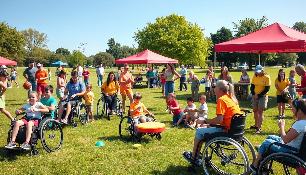 A vibrant field day scene showcasing inclusive activities designed for adaptive needs. In the foreground, a diverse group of children and adults of various abilities engage in playful activities, such as wheelchair basketball and bean bag toss, featuring adaptive equipment. In the middle ground, colorful canopies provide shade over various stations, with supportive volunteers assisting participants. The background displays a sunny park setting, lush green grass, and trees, with a clear blue sky. Soft, natural lighting enhances the cheerful atmosphere, creating warmth and inclusivity. The perspective is slightly elevated, allowing for a panoramic view, capturing the joy and collaboration among all participants, dressed in bright, casual clothing, reflecting a spirit of unity and fun. A vibrant field day scene showcasing inclusive activities designed for adaptive needs. In the foreground, a diverse group of children and adults of various abilities engage in playful activities, such as wheelchair basketball and bean bag toss, featuring adaptive equipment. In the middle ground, colorful canopies provide shade over various stations, with supportive volunteers assisting participants. The background displays a sunny park setting, lush green grass, and trees, with a clear blue sky. Soft, natural lighting enhances the cheerful atmosphere, creating warmth and inclusivity. The perspective is slightly elevated, allowing for a panoramic view, capturing the joy and collaboration among all participants, dressed in bright, casual clothing, reflecting a spirit of unity and fun.