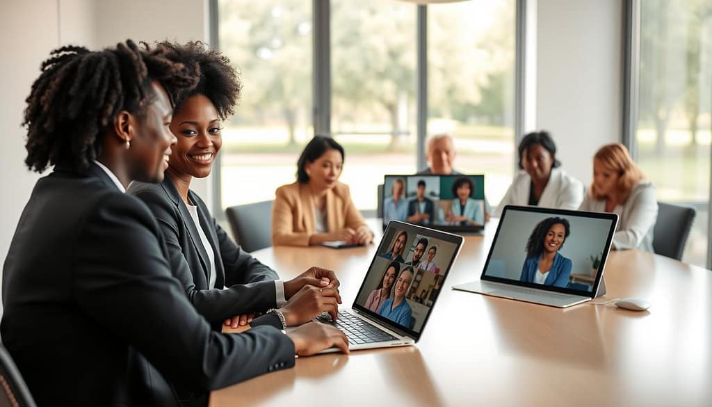 A virtual hybrid meeting setting featuring a diverse group of caregivers, sitting around a modern conference table in a well-lit room. In the foreground, two caregivers, one Black and one White, are engaged in a discussion, wearing professional business attire. The middle section shows laptops and tablets displaying video call interfaces, with other participants displayed in small windows, including caregivers of various ethnicities. The background has a large window letting in natural light, providing a peaceful view of a park. Soft, warm lighting creates a welcoming atmosphere, emphasizing collaboration and support. Use a slightly elevated angle to encapsulate both the in-person and virtual elements, highlighting connection and community among caregivers. A virtual hybrid meeting setting featuring a diverse group of caregivers, sitting around a modern conference table in a well-lit room. In the foreground, two caregivers, one Black and one White, are engaged in a discussion, wearing professional business attire. The middle section shows laptops and tablets displaying video call interfaces, with other participants displayed in small windows, including caregivers of various ethnicities. The background has a large window letting in natural light, providing a peaceful view of a park. Soft, warm lighting creates a welcoming atmosphere, emphasizing collaboration and support. Use a slightly elevated angle to encapsulate both the in-person and virtual elements, highlighting connection and community among caregivers.