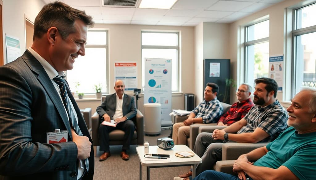 A welcoming community health screening event for men, set in a well-lit, modern clinic. In the foreground, a male healthcare professional in professional business attire is interacting with a diverse group of men seated on comfortable chairs, displaying a friendly and approachable demeanor. The middle ground features health screening equipment like blood pressure monitors and cholesterol testing kits, while informative charts and posters on men's health adorn the walls. In the background, large windows allow soft, natural light to filter in, creating a warm and inviting atmosphere. The overall mood is one of camaraderie and proactive health awareness, encouraging participation and open dialogue among the attendees. The angle captures both the interactions and the supportive environment. A welcoming community health screening event for men, set in a well-lit, modern clinic. In the foreground, a male healthcare professional in professional business attire is interacting with a diverse group of men seated on comfortable chairs, displaying a friendly and approachable demeanor. The middle ground features health screening equipment like blood pressure monitors and cholesterol testing kits, while informative charts and posters on men's health adorn the walls. In the background, large windows allow soft, natural light to filter in, creating a warm and inviting atmosphere. The overall mood is one of camaraderie and proactive health awareness, encouraging participation and open dialogue among the attendees. The angle captures both the interactions and the supportive environment.