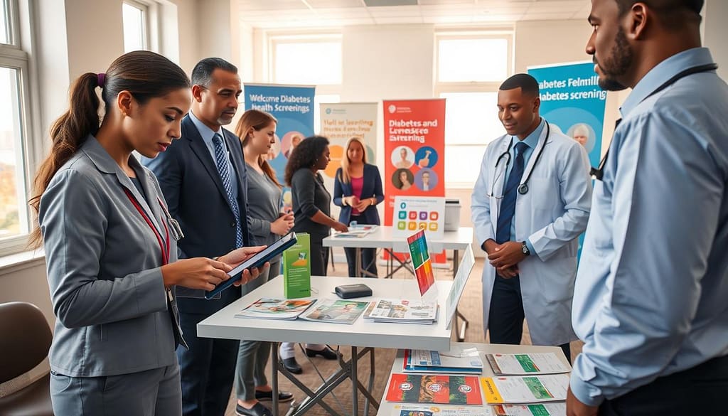 A dynamic scene depicting a pop-up clinic focused on A1C screening, featuring a diverse team of healthcare professionals in professional business attire, actively coordinating patient care. In the foreground, a nurse checks a patient's vitals on a portable device while a physician discusses results with a colleague. In the middle, tables are set up with medical equipment, health informational brochures, and a bright display of diabetes awareness materials. The background showcases a welcoming clinic setting with colorful banners promoting health screenings. Soft natural lighting filters in from nearby windows, creating a warm and inviting atmosphere. The image captures the essence of teamwork and community health, emphasizing the importance of staffing and licensure in a pop-up clinic. A dynamic scene depicting a pop-up clinic focused on A1C screening, featuring a diverse team of healthcare professionals in professional business attire, actively coordinating patient care. In the foreground, a nurse checks a patient's vitals on a portable device while a physician discusses results with a colleague. In the middle, tables are set up with medical equipment, health informational brochures, and a bright display of diabetes awareness materials. The background showcases a welcoming clinic setting with colorful banners promoting health screenings. Soft natural lighting filters in from nearby windows, creating a warm and inviting atmosphere. The image captures the essence of teamwork and community health, emphasizing the importance of staffing and licensure in a pop-up clinic.