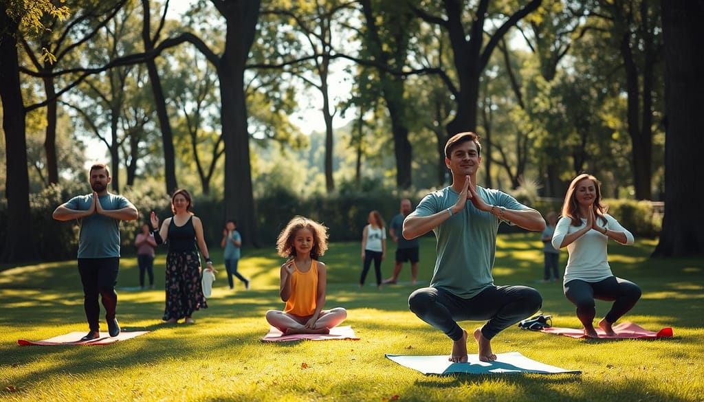 A serene park scene depicting a mindful family engaging in stress relief activities. In the foreground, a diverse family—parents and two children—practices yoga poses on colorful mats, their expressions calm and focused. The middle ground features a lush green grassy area, with families enjoying guided meditation and nature walks. In the background, tall trees and soft sunlight filter through the leaves, casting gentle shadows on the ground. The atmosphere is tranquil, with birdsong audible in the air, suggesting a peaceful, outdoor mindfulness class. The composition captures a wide-angle perspective, emphasizing the harmony of family bonding and relaxation in nature, with soft, warm lighting enhancing the feeling of wellness. A serene park scene depicting a mindful family engaging in stress relief activities. In the foreground, a diverse family—parents and two children—practices yoga poses on colorful mats, their expressions calm and focused. The middle ground features a lush green grassy area, with families enjoying guided meditation and nature walks. In the background, tall trees and soft sunlight filter through the leaves, casting gentle shadows on the ground. The atmosphere is tranquil, with birdsong audible in the air, suggesting a peaceful, outdoor mindfulness class. The composition captures a wide-angle perspective, emphasizing the harmony of family bonding and relaxation in nature, with soft, warm lighting enhancing the feeling of wellness.