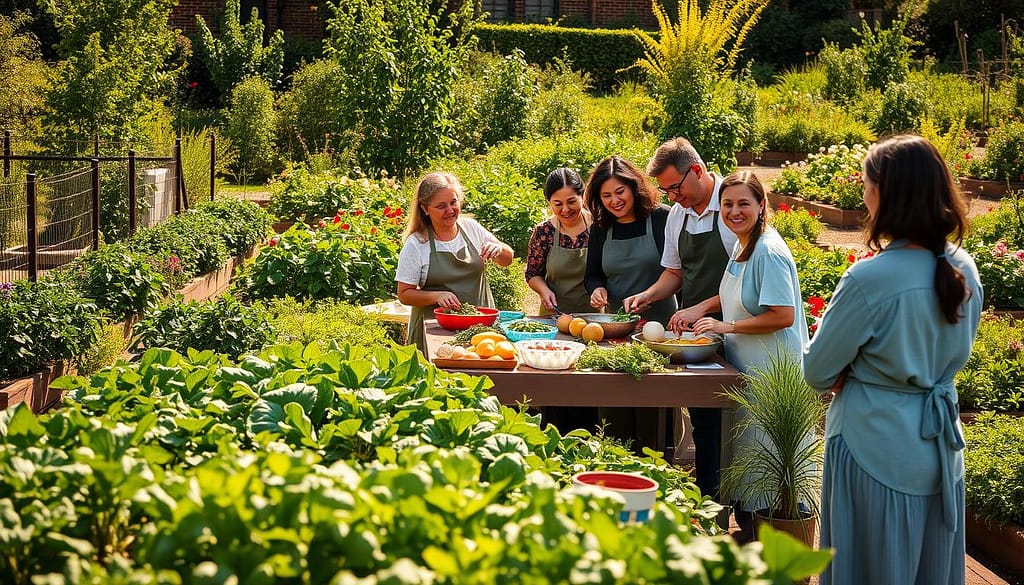 A vibrant community garden in the foreground filled with a diverse array of vegetables and herbs ready for harvest. In the middle, a cooking demonstration is taking place, featuring a cheerful group of people of various ethnicities, dressed in modest casual clothing. They are engaged in preparing fresh dishes using the harvested produce. A table is set with colorful ingredients and utensils. The background shows lush green plants and flowering garden beds, basking in warm, golden sunlight that creates a welcoming and productive atmosphere. The scene is captured from a slightly elevated angle, emphasizing the interaction among participants and the bountiful harvest, evoking a sense of community, nourishment, and shared learning. A vibrant community garden in the foreground filled with a diverse array of vegetables and herbs ready for harvest. In the middle, a cooking demonstration is taking place, featuring a cheerful group of people of various ethnicities, dressed in modest casual clothing. They are engaged in preparing fresh dishes using the harvested produce. A table is set with colorful ingredients and utensils. The background shows lush green plants and flowering garden beds, basking in warm, golden sunlight that creates a welcoming and productive atmosphere. The scene is captured from a slightly elevated angle, emphasizing the interaction among participants and the bountiful harvest, evoking a sense of community, nourishment, and shared learning.
