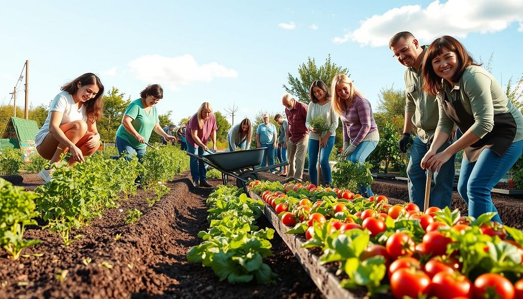 A vibrant community garden scene depicts seasonal volunteer tasks across spring, summer, fall, and winter. In the foreground, a diverse group of adults in modest casual clothing engages in activities: planting seedlings, harvesting vegetables, and preparing garden beds. In the middle ground, colorful rows of crops, such as tomatoes and leafy greens, flourish in rich soil. Nearby, a wheelbarrow filled with compost adds to the activity. In the background, a bright blue sky with a few fluffy clouds enhances the uplifting atmosphere. Soft morning light bathes the garden, creating long shadows and highlighting the volunteers’ smiling faces as they work harmoniously together. The scene evokes a sense of community, wellness, and the joy of nurturing plants through the seasons. A vibrant community garden scene depicts seasonal volunteer tasks across spring, summer, fall, and winter. In the foreground, a diverse group of adults in modest casual clothing engages in activities: planting seedlings, harvesting vegetables, and preparing garden beds. In the middle ground, colorful rows of crops, such as tomatoes and leafy greens, flourish in rich soil. Nearby, a wheelbarrow filled with compost adds to the activity. In the background, a bright blue sky with a few fluffy clouds enhances the uplifting atmosphere. Soft morning light bathes the garden, creating long shadows and highlighting the volunteers’ smiling faces as they work harmoniously together. The scene evokes a sense of community, wellness, and the joy of nurturing plants through the seasons.