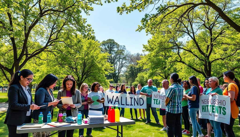 A vibrant community park scene during the day, showcasing a diverse group of individuals registering for a neighborhood wellness challenge. In the foreground, several people in professional business attire and modest casual clothing gather around a registration table filled with colorful clipboards and hydration gear like water bottles. The middle ground features teams of varied demographics, engaged in lively discussions and holding up colorful team banners. The background displays lush green trees and a clear blue sky, creating a lively atmosphere. The sunlight filters through the branches, casting dappled shadows on the ground, enhancing the sense of community and motivation. The image conveys a sense of excitement and wellness, inviting viewers to participate in a communal health initiative. A vibrant community park scene during the day, showcasing a diverse group of individuals registering for a neighborhood wellness challenge. In the foreground, several people in professional business attire and modest casual clothing gather around a registration table filled with colorful clipboards and hydration gear like water bottles. The middle ground features teams of varied demographics, engaged in lively discussions and holding up colorful team banners. The background displays lush green trees and a clear blue sky, creating a lively atmosphere. The sunlight filters through the branches, casting dappled shadows on the ground, enhancing the sense of community and motivation. The image conveys a sense of excitement and wellness, inviting viewers to participate in a communal health initiative.