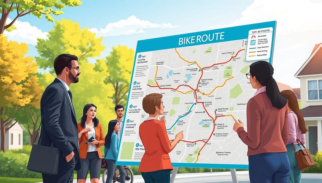 A vibrant, detailed illustration of a community bike route map displayed prominently in the foreground featuring highlighted safe paths and recommended routes for biking to school and work. In the middle ground, diverse individuals dressed in professional business attire and modest casual clothing consult the map, engaging in conversation, showcasing community collaboration. The background should include trees and buildings to echo a neighborhood setting, with sunny, clear skies imparting a cheerful atmosphere. Utilize natural lighting to enhance visibility and clarity of the map's details. The angle should be slightly elevated to capture the interaction between the map and the community, emphasizing the theme of safety and organized route audits for biking, creating a sense of optimism and togetherness. A vibrant, detailed illustration of a community bike route map displayed prominently in the foreground featuring highlighted safe paths and recommended routes for biking to school and work. In the middle ground, diverse individuals dressed in professional business attire and modest casual clothing consult the map, engaging in conversation, showcasing community collaboration. The background should include trees and buildings to echo a neighborhood setting, with sunny, clear skies imparting a cheerful atmosphere. Utilize natural lighting to enhance visibility and clarity of the map's details. The angle should be slightly elevated to capture the interaction between the map and the community, emphasizing the theme of safety and organized route audits for biking, creating a sense of optimism and togetherness.