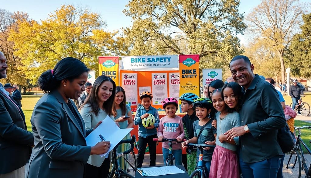 A visually engaging scene depicting a vibrant community event focused on bike safety incentives. In the foreground, a group of diverse individuals dressed in professional business attire and modest casual clothing enthusiastically engage in signing a pledge for safer biking practices. In the middle ground, a colorful booth is set up, adorned with eye-catching banners promoting bike safety tips and incentives like helmets and reflective gear. Children and adults are seen receiving these incentives with smiles, emphasizing community involvement. The background showcases a sunny park with trees and a clear blue sky, creating a warm, inviting atmosphere. Soft, natural lighting highlights the participants' excitement while capturing a sense of collaboration and commitment to bike safety. The angle is slightly elevated, providing a comprehensive view of the event and its impact. A visually engaging scene depicting a vibrant community event focused on bike safety incentives. In the foreground, a group of diverse individuals dressed in professional business attire and modest casual clothing enthusiastically engage in signing a pledge for safer biking practices. In the middle ground, a colorful booth is set up, adorned with eye-catching banners promoting bike safety tips and incentives like helmets and reflective gear. Children and adults are seen receiving these incentives with smiles, emphasizing community involvement. The background showcases a sunny park with trees and a clear blue sky, creating a warm, inviting atmosphere. Soft, natural lighting highlights the participants' excitement while capturing a sense of collaboration and commitment to bike safety. The angle is slightly elevated, providing a comprehensive view of the event and its impact.