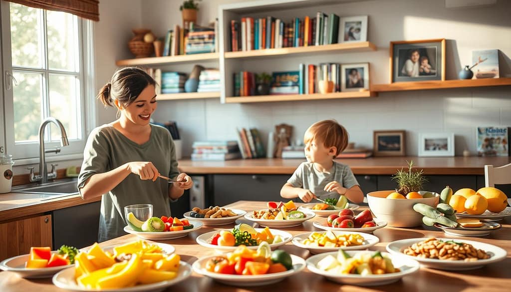 A cozy kitchen scene illustrating strategies for picky eaters, with a focus on family interaction. In the foreground, a mother and child are engaged at a kitchen table, dressed in modest casual clothing, as they prepare colorful, healthy dishes featuring fruits and vegetables. The middle ground showcases a variety of creatively arranged plates, highlighting fun and appealing food presentations. In the background, shelves filled with cookbooks and family photos create a warm, inviting atmosphere. Soft, natural light filters through a window, casting gentle shadows. The mood is nurturing and supportive, emphasizing the importance of family involvement in healthy eating habits, particularly for young children. A cozy kitchen scene illustrating strategies for picky eaters, with a focus on family interaction. In the foreground, a mother and child are engaged at a kitchen table, dressed in modest casual clothing, as they prepare colorful, healthy dishes featuring fruits and vegetables. The middle ground showcases a variety of creatively arranged plates, highlighting fun and appealing food presentations. In the background, shelves filled with cookbooks and family photos create a warm, inviting atmosphere. Soft, natural light filters through a window, casting gentle shadows. The mood is nurturing and supportive, emphasizing the importance of family involvement in healthy eating habits, particularly for young children.