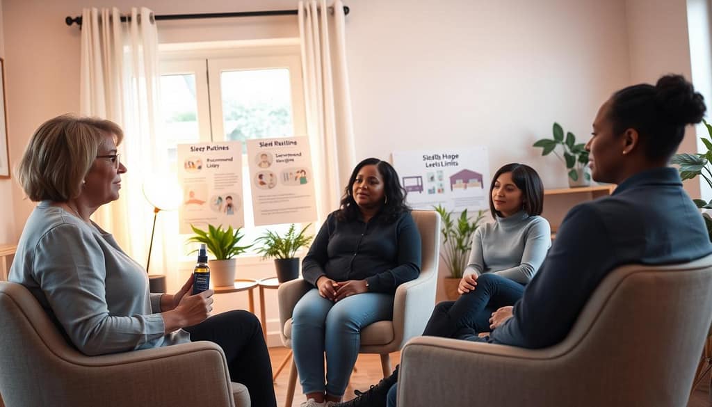 A cozy parenting class setting focusing on sleep hygiene, featuring a diverse group of three adults in professional casual attire, seated in a circle on comfortable chairs. In the foreground, a facilitator is demonstrating relaxation techniques, holding a lavender spray bottle. In the middle ground, parents are engaging with visual aids like charts depicting healthy sleep routines and recommended screen time limits, with illustrations of bedtime environments. The background shows soft, ambient lighting with warm colors, transforming the atmosphere into a calm and inviting space. A large window allows natural light to flow in, illuminating houseplants and educational materials about family sleep hygiene. The overall mood is nurturing and informative, emphasizing a supportive community learning about wellness. A cozy parenting class setting focusing on sleep hygiene, featuring a diverse group of three adults in professional casual attire, seated in a circle on comfortable chairs. In the foreground, a facilitator is demonstrating relaxation techniques, holding a lavender spray bottle. In the middle ground, parents are engaging with visual aids like charts depicting healthy sleep routines and recommended screen time limits, with illustrations of bedtime environments. The background shows soft, ambient lighting with warm colors, transforming the atmosphere into a calm and inviting space. A large window allows natural light to flow in, illuminating houseplants and educational materials about family sleep hygiene. The overall mood is nurturing and informative, emphasizing a supportive community learning about wellness.
