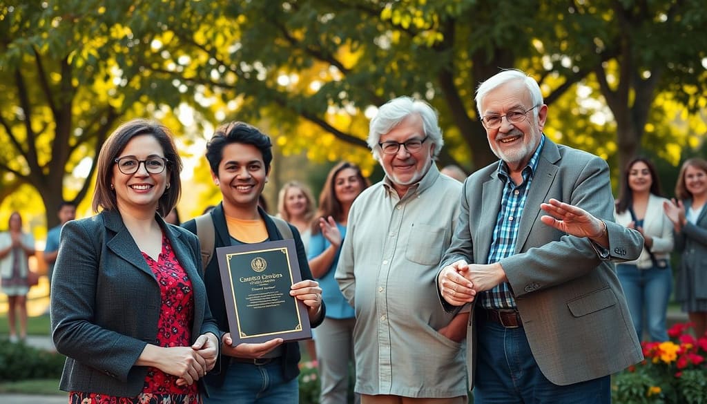 A group of diverse community leaders stands together in a sunlit park setting, radiating positivity and accomplishment. In the foreground, a middle-aged woman with glasses in professional attire holds an award plaque with pride. Beside her, a young man in a smart casual outfit smiles, while an elderly man with a distinguished demeanor extends his hand for a handshake. In the middle ground, a small crowd of enthusiastic community members applauds, showcasing their support. Lush green trees and colorful flowers create a vibrant, welcoming background. The atmosphere is filled with warmth, gratitude, and unity, enhanced by soft, golden hour lighting that casts gentle shadows. The scene is captured from a slightly low angle to emphasize the leaders' stature and commitment to community service. A group of diverse community leaders stands together in a sunlit park setting, radiating positivity and accomplishment. In the foreground, a middle-aged woman with glasses in professional attire holds an award plaque with pride. Beside her, a young man in a smart casual outfit smiles, while an elderly man with a distinguished demeanor extends his hand for a handshake. In the middle ground, a small crowd of enthusiastic community members applauds, showcasing their support. Lush green trees and colorful flowers create a vibrant, welcoming background. The atmosphere is filled with warmth, gratitude, and unity, enhanced by soft, golden hour lighting that casts gentle shadows. The scene is captured from a slightly low angle to emphasize the leaders' stature and commitment to community service.