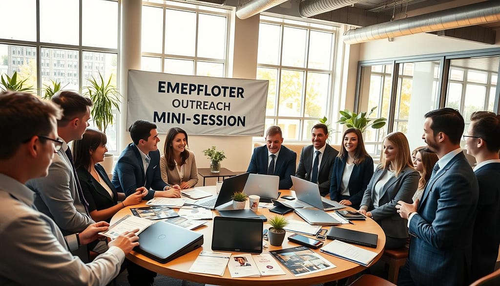 A professional setting showcasing a mini session designed for employer outreach. In the foreground, a diverse group of business professionals, both men and women, dressed in smart business attire, are engaged in a lively discussion around a circular table cluttered with informational brochures and laptops. In the middle ground, a bright and inviting room features a banner on the wall indicating "Employer Outreach Mini Sessions," with potted plants and comfortable seating creating a welcoming atmosphere. In the background, large windows allow warm natural light to pour in, illuminating the space and creating a friendly, collaborative mood. The composition is captured from a slightly elevated angle to encompass the interaction and engagement of the participants while maintaining a professional and polished look. A professional setting showcasing a mini session designed for employer outreach. In the foreground, a diverse group of business professionals, both men and women, dressed in smart business attire, are engaged in a lively discussion around a circular table cluttered with informational brochures and laptops. In the middle ground, a bright and inviting room features a banner on the wall indicating "Employer Outreach Mini Sessions," with potted plants and comfortable seating creating a welcoming atmosphere. In the background, large windows allow warm natural light to pour in, illuminating the space and creating a friendly, collaborative mood. The composition is captured from a slightly elevated angle to encompass the interaction and engagement of the participants while maintaining a professional and polished look.