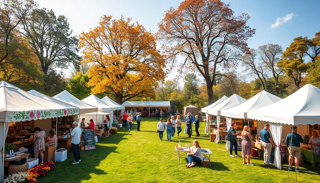 A vibrant seasonal wellness festival scene, showcasing a harmonious blend of themes for each of the four seasons. In the foreground, diverse vendors offer organic products, handcrafted goods, and wellness services, with people engaging in activities like yoga, meditative sessions, and cooking demonstrations. In the middle ground, beautifully decorated tents represent each season—floral motifs for spring, sun-drenched colors for summer, warm earthy tones for autumn, and frosty decor for winter. The background features a serene park under a bright, clear sky, with trees adorned in seasonal foliage. Soft, natural lighting enhances the inviting atmosphere, while wide-angle lens captures the community spirit and connection among festival-goers, promoting a sense of wellness and joy. A vibrant seasonal wellness festival scene, showcasing a harmonious blend of themes for each of the four seasons. In the foreground, diverse vendors offer organic products, handcrafted goods, and wellness services, with people engaging in activities like yoga, meditative sessions, and cooking demonstrations. In the middle ground, beautifully decorated tents represent each season—floral motifs for spring, sun-drenched colors for summer, warm earthy tones for autumn, and frosty decor for winter. The background features a serene park under a bright, clear sky, with trees adorned in seasonal foliage. Soft, natural lighting enhances the inviting atmosphere, while wide-angle lens captures the community spirit and connection among festival-goers, promoting a sense of wellness and joy.