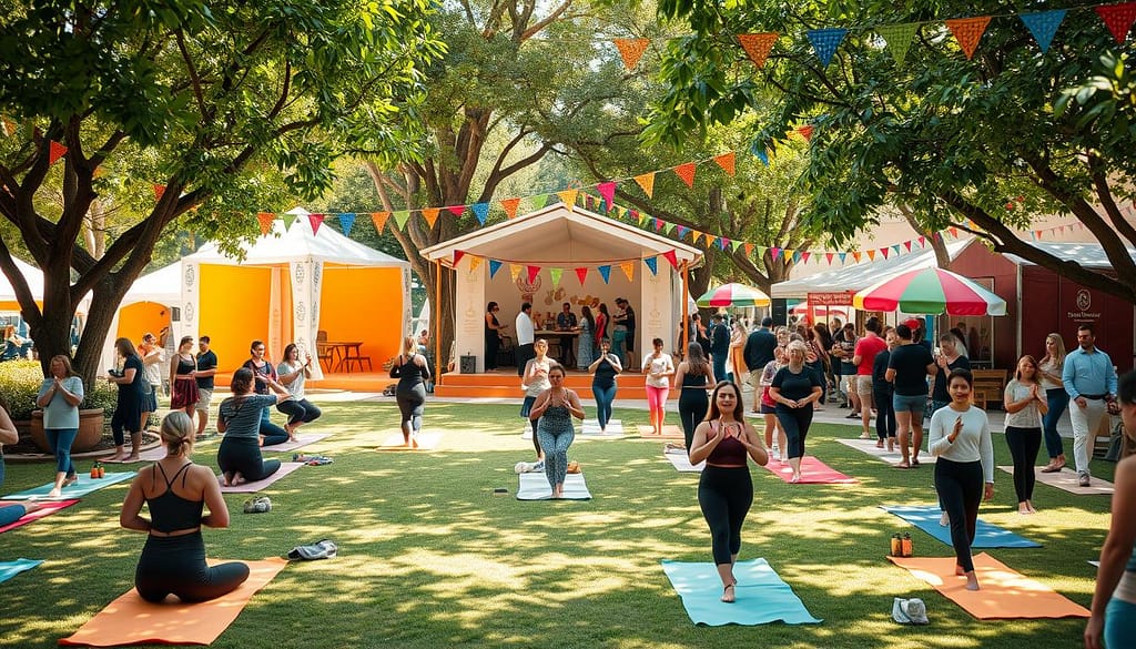 A vibrant wellness festival layout featuring multiple activity zones. In the foreground, a yoga area with people dressed in comfortable, modest athletic wear practicing poses on colorful mats. The middle ground showcases an art tent where attendees create crafts. Nearby, a stage displays performers engaging a cheerful crowd. Lush trees and decorative banners surround the areas to enhance the festive atmosphere. The background includes food stalls offering healthy snacks, with colorful umbrellas providing shade. The lighting is warm and inviting, reminiscent of a sunny day, and framed from a slightly elevated angle to capture the bustling energy of the festival. The overall mood is joyful and communal, emphasizing health, creativity, and connection. A vibrant wellness festival layout featuring multiple activity zones. In the foreground, a yoga area with people dressed in comfortable, modest athletic wear practicing poses on colorful mats. The middle ground showcases an art tent where attendees create crafts. Nearby, a stage displays performers engaging a cheerful crowd. Lush trees and decorative banners surround the areas to enhance the festive atmosphere. The background includes food stalls offering healthy snacks, with colorful umbrellas providing shade. The lighting is warm and inviting, reminiscent of a sunny day, and framed from a slightly elevated angle to capture the bustling energy of the festival. The overall mood is joyful and communal, emphasizing health, creativity, and connection.