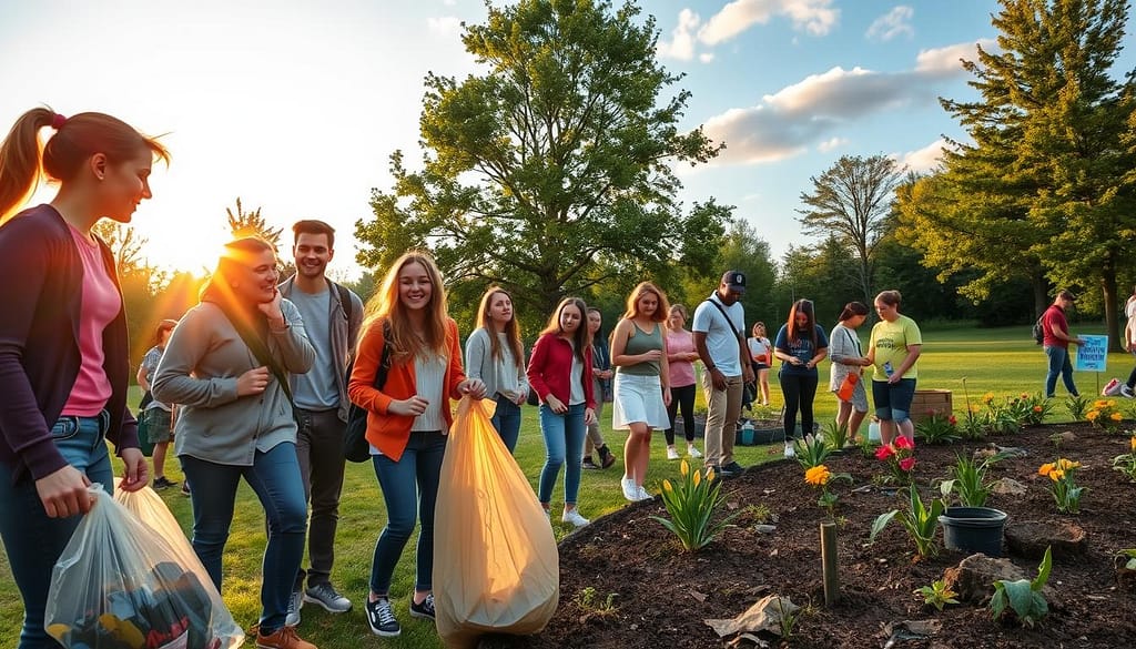 A diverse group of energetic teenagers, dressed in smart casual attire, actively participating in a community clean-up event in a park during mental health week. In the foreground, one teenager is holding a trash bag and engaging with others who are picking up litter, laughing and collaborating. The middle ground showcases volunteers planting flowers and chatting, while colorful posters about mental wellness are displayed on trees. In the background, the sun is setting, casting a warm golden light, with a clear blue sky dotted with soft clouds. The atmosphere is vibrant and hopeful, emphasizing youth leadership and community spirit. The scene is shot from a slightly elevated angle to capture the group's dynamics and the lush greenery surrounding them. A diverse group of energetic teenagers, dressed in smart casual attire, actively participating in a community clean-up event in a park during mental health week. In the foreground, one teenager is holding a trash bag and engaging with others who are picking up litter, laughing and collaborating. The middle ground showcases volunteers planting flowers and chatting, while colorful posters about mental wellness are displayed on trees. In the background, the sun is setting, casting a warm golden light, with a clear blue sky dotted with soft clouds. The atmosphere is vibrant and hopeful, emphasizing youth leadership and community spirit. The scene is shot from a slightly elevated angle to capture the group's dynamics and the lush greenery surrounding them.