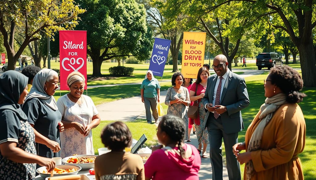 A vibrant community scene set in a sunny park, where diverse individuals of various ages participate in faith-based health programs. In the foreground, a group of people, dressed in modest casual clothing, engage in a lively cooking demonstration, preparing healthy meals together while sharing laughter and stories. In the middle ground, another group is seen participating in a walking sermon, walking along the path, guided by a respected leader in professional attire. In the background, colorful banners promoting blood drives flutter gently in the breeze, while trees and greenery create a serene atmosphere. The lighting is warm and inviting, capturing the essence of community and wellness. The image conveys a sense of unity, health, and the positive impact of faith in promoting physical well-being. A vibrant community scene set in a sunny park, where diverse individuals of various ages participate in faith-based health programs. In the foreground, a group of people, dressed in modest casual clothing, engage in a lively cooking demonstration, preparing healthy meals together while sharing laughter and stories. In the middle ground, another group is seen participating in a walking sermon, walking along the path, guided by a respected leader in professional attire. In the background, colorful banners promoting blood drives flutter gently in the breeze, while trees and greenery create a serene atmosphere. The lighting is warm and inviting, capturing the essence of community and wellness. The image conveys a sense of unity, health, and the positive impact of faith in promoting physical well-being.