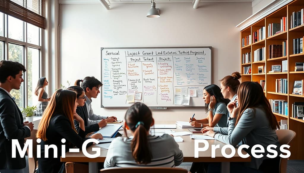 A vibrant office setting illustrating the "Mini-Grant Process" for a youth-led initiative. In the foreground, a diverse group of teenagers, dressed in professional business attire, collaboratively reviewing documents and brainstorming ideas around a large table. The middle layer features a whiteboard filled with colorful notes and visual aids outlining grant proposals and project timelines. In the background, sunlight streams through large windows, illuminating bookshelves filled with resource books and materials related to community projects. The atmosphere is one of excitement and creativity, with soft, warm lighting enhancing the focus on teamwork and innovation. The angle captures the dynamic interactions among the youth, emphasizing collaboration and empowerment. A vibrant office setting illustrating the "Mini-Grant Process" for a youth-led initiative. In the foreground, a diverse group of teenagers, dressed in professional business attire, collaboratively reviewing documents and brainstorming ideas around a large table. The middle layer features a whiteboard filled with colorful notes and visual aids outlining grant proposals and project timelines. In the background, sunlight streams through large windows, illuminating bookshelves filled with resource books and materials related to community projects. The atmosphere is one of excitement and creativity, with soft, warm lighting enhancing the focus on teamwork and innovation. The angle captures the dynamic interactions among the youth, emphasizing collaboration and empowerment.