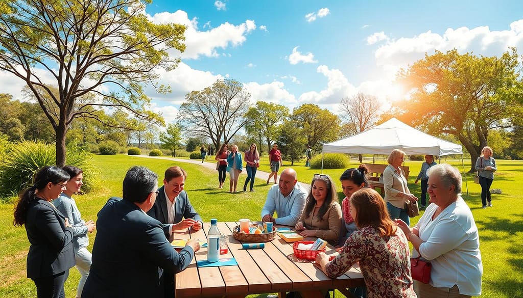 A vibrant and inclusive scene depicting a variety of stigma-free recovery activities set in a sunny park. In the foreground, a diverse group of individuals, dressed in professional business attire and modest casual clothing, are engaged in a friendly game night around a picnic table, with colorful board games and snacks spread out. In the middle ground, small groups are enjoying a guided nature hike along a well-marked trail, smiling and laughing together. Nearby, a skills workshop is taking place under a tent, featuring a mentor leading a craft project. The background features lush greenery, bright blue skies with fluffy clouds, and a gentle sunlight casting a warm glow over the scene, creating an uplifting, supportive atmosphere that conveys connection and joy. A vibrant and inclusive scene depicting a variety of stigma-free recovery activities set in a sunny park. In the foreground, a diverse group of individuals, dressed in professional business attire and modest casual clothing, are engaged in a friendly game night around a picnic table, with colorful board games and snacks spread out. In the middle ground, small groups are enjoying a guided nature hike along a well-marked trail, smiling and laughing together. Nearby, a skills workshop is taking place under a tent, featuring a mentor leading a craft project. The background features lush greenery, bright blue skies with fluffy clouds, and a gentle sunlight casting a warm glow over the scene, creating an uplifting, supportive atmosphere that conveys connection and joy.