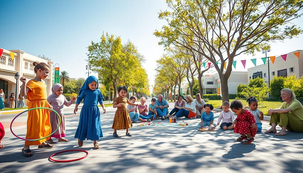 A vibrant outdoor play street scene on a sunlit day, showcasing families and children engaged in inclusive games and creative art activities. In the foreground, a group of children, dressed in colorful modest clothing, joyfully play with hula hoops and jump ropes, while others create chalk drawings on the pavement. In the middle, parents and caregivers chat happily, sitting on picnic blankets adorned with snacks and refreshments, fostering a sense of community. The background features a row of trees providing shade and colorful banners hung between light poles, adding to the festive atmosphere. The scene is captured with a wide-angle lens, emphasizing the lively interactions and bright, cheerful lighting that conveys a warm, inviting mood of togetherness and creativity. A vibrant outdoor play street scene on a sunlit day, showcasing families and children engaged in inclusive games and creative art activities. In the foreground, a group of children, dressed in colorful modest clothing, joyfully play with hula hoops and jump ropes, while others create chalk drawings on the pavement. In the middle, parents and caregivers chat happily, sitting on picnic blankets adorned with snacks and refreshments, fostering a sense of community. The background features a row of trees providing shade and colorful banners hung between light poles, adding to the festive atmosphere. The scene is captured with a wide-angle lens, emphasizing the lively interactions and bright, cheerful lighting that conveys a warm, inviting mood of togetherness and creativity.