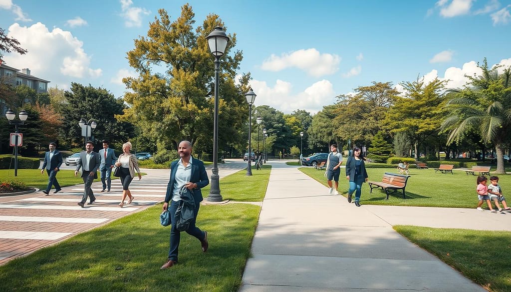 A detailed urban landscape showcasing CPTED mapping issues related to crossings, lighting, and parks. In the foreground, depict a well-maintained park pathway with clear signage and visible crosswalks, populated by a diverse group of professionals in business attire enjoying a safety walk. In the middle ground, include strategically placed streetlights illuminating the path, with a focus on the adequacy of lighting around park entrances. The background features a vibrant park filled with greenery, benches, and children playing, illustrating active community use. Employ natural daylight, with a bright blue sky and soft clouds to create an inviting atmosphere. Capture the image from a low angle to emphasize the importance of safety and design in urban environments. A detailed urban landscape showcasing CPTED mapping issues related to crossings, lighting, and parks. In the foreground, depict a well-maintained park pathway with clear signage and visible crosswalks, populated by a diverse group of professionals in business attire enjoying a safety walk. In the middle ground, include strategically placed streetlights illuminating the path, with a focus on the adequacy of lighting around park entrances. The background features a vibrant park filled with greenery, benches, and children playing, illustrating active community use. Employ natural daylight, with a bright blue sky and soft clouds to create an inviting atmosphere. Capture the image from a low angle to emphasize the importance of safety and design in urban environments.