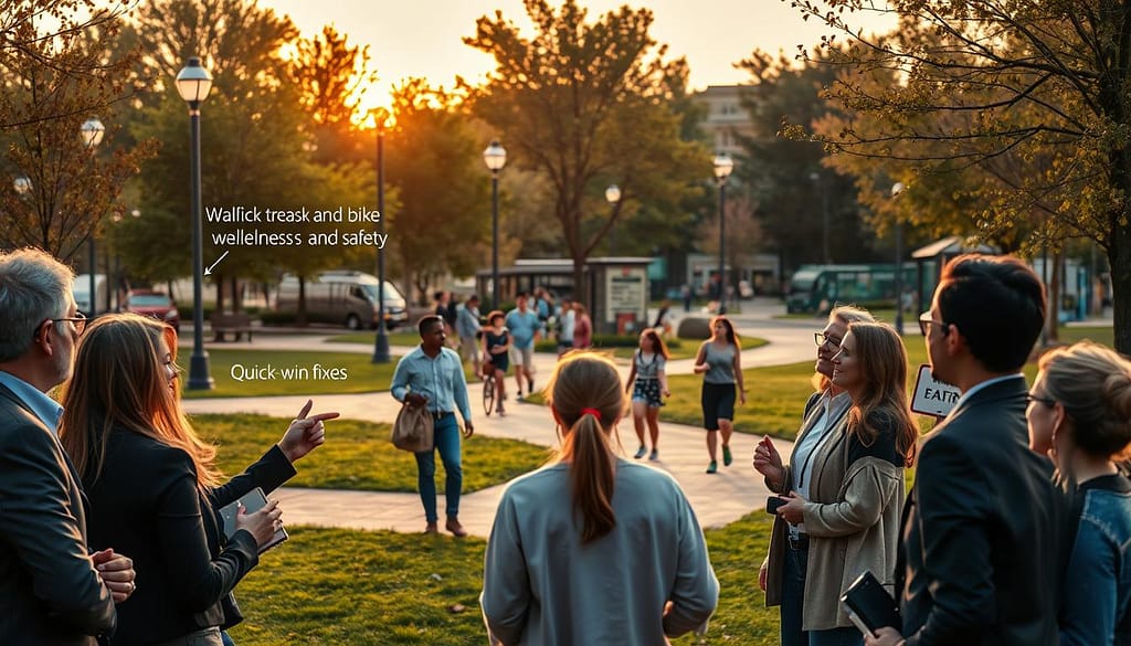 A vibrant community park scene illustrating the balance between quick-win fixes and long-term advocacy for wellness and safety. In the foreground, a diverse group of professionals in business attire are engaging in a discussion, pointing out areas that need improvement, such as inadequate lighting or pedestrian pathways. In the middle ground, families are enjoying the park, showcasing active transit with bike lanes and walkable pathways. The background features modern street lighting and well-designed park amenities, emphasizing a thriving community space. The scene is bathed in warm, soft lighting during golden hour, creating an inviting and hopeful atmosphere. The angle captures a dynamic view, encouraging viewers to envision positive change and collaboration within the community. A vibrant community park scene illustrating the balance between quick-win fixes and long-term advocacy for wellness and safety. In the foreground, a diverse group of professionals in business attire are engaging in a discussion, pointing out areas that need improvement, such as inadequate lighting or pedestrian pathways. In the middle ground, families are enjoying the park, showcasing active transit with bike lanes and walkable pathways. The background features modern street lighting and well-designed park amenities, emphasizing a thriving community space. The scene is bathed in warm, soft lighting during golden hour, creating an inviting and hopeful atmosphere. The angle captures a dynamic view, encouraging viewers to envision positive change and collaboration within the community.