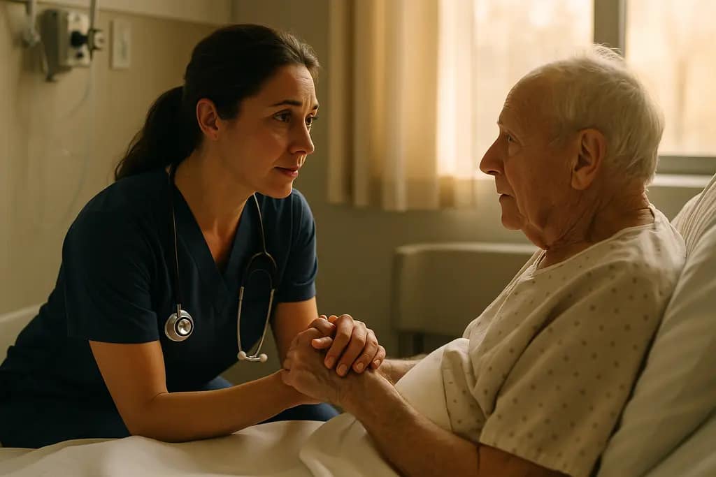 AI Patient Care discussion between a nurse and patient in a clinic room