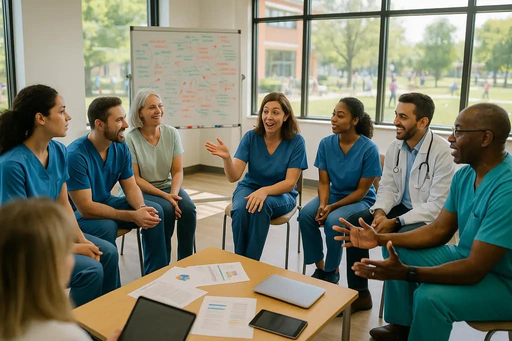 Community Health Innovations discussion with diverse adults in a wellness meeting
