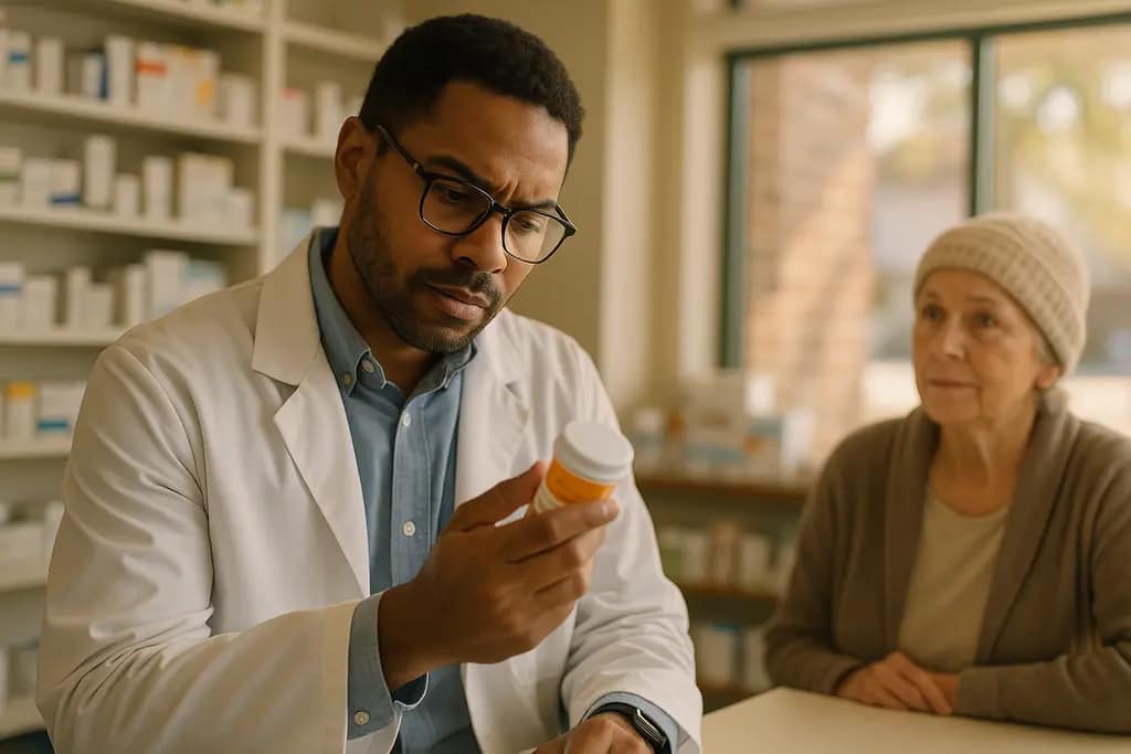 FDA Drug Supply discussion with a pharmacist reviewing prescription information