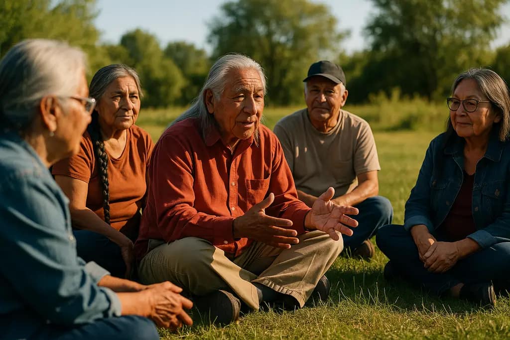 tribal community wellness meeting with families, elders, and health educators in a community room
