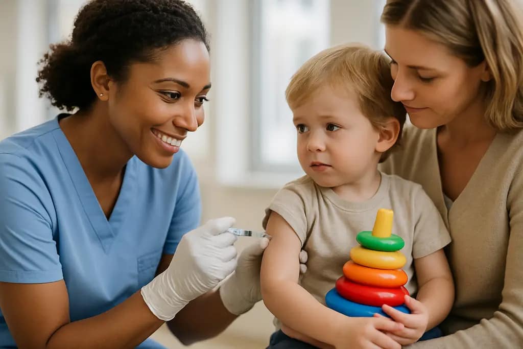Parent reviewing federal vaccine guidelines with a notebook in a clinic waiting area