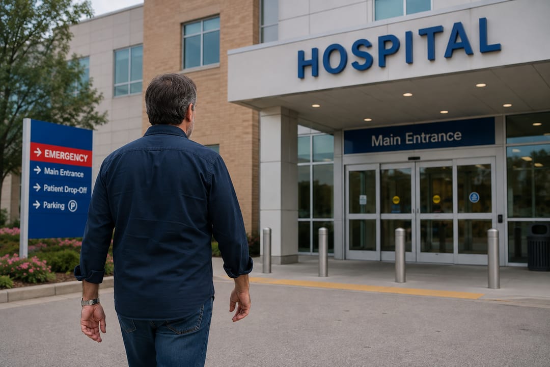 man walking into hospital