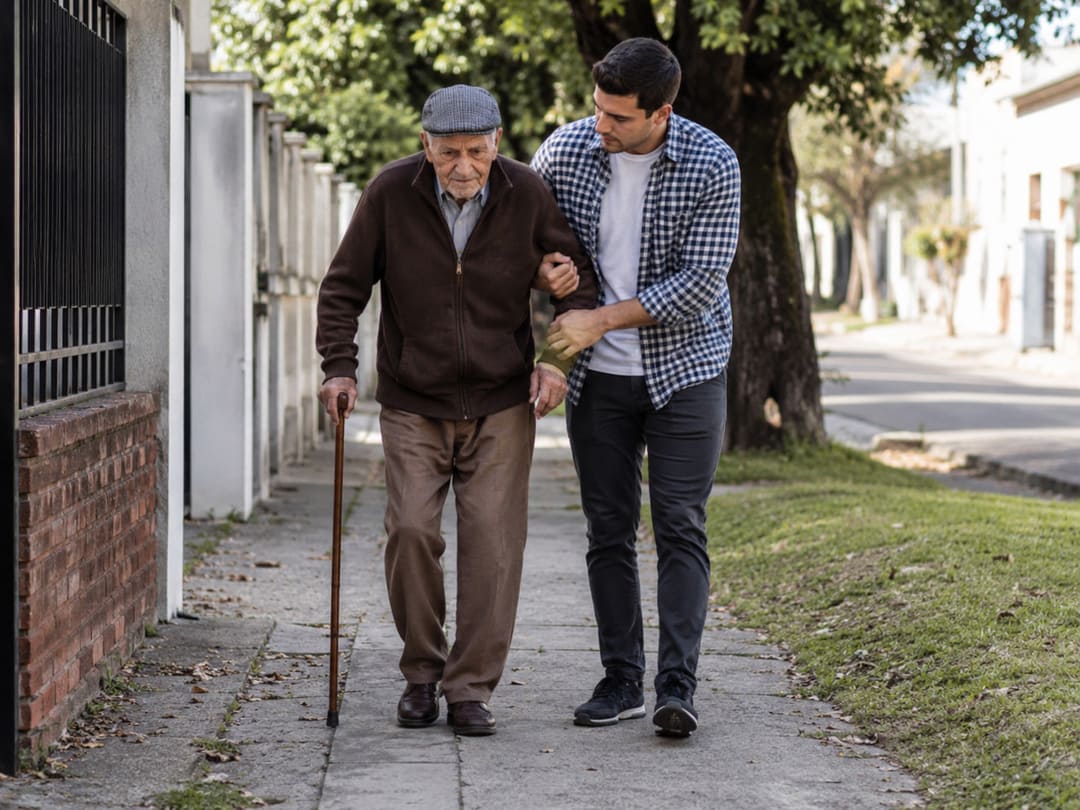 old and young man walking