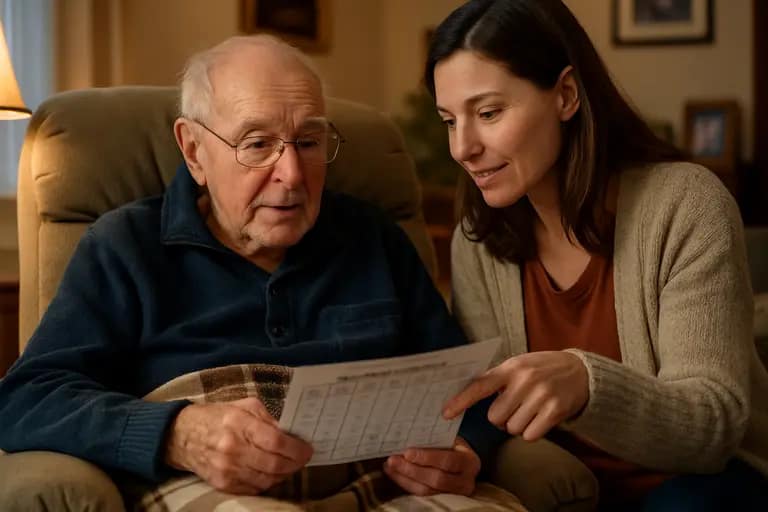 Family member helping an older adult organize papers and medication bottles