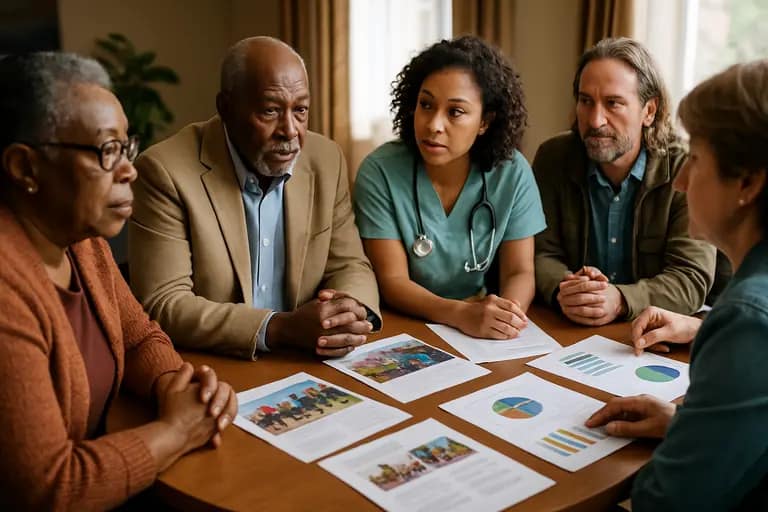 Public health planners reviewing notes around a conference table