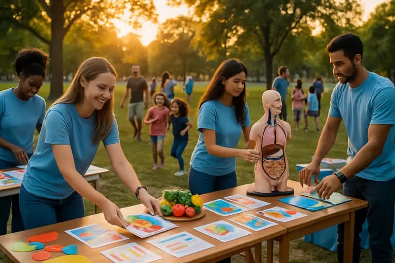 Volunteers greeting residents at a community health information table