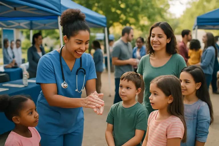 Community health worker speaking with a parent outside a local clinic